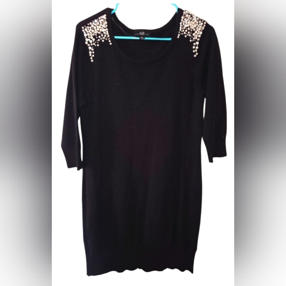 Black Sweater Dress with Pearl Embellishments - Large